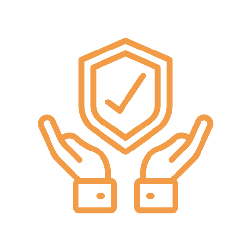 Icon of hands holding a shield with a checkmark, symbolizing protection or security.