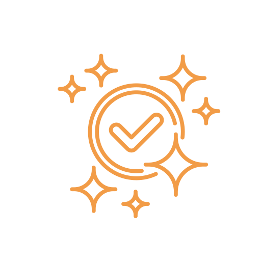 Orange checkmark in a circle surrounded by sparkles on white background.