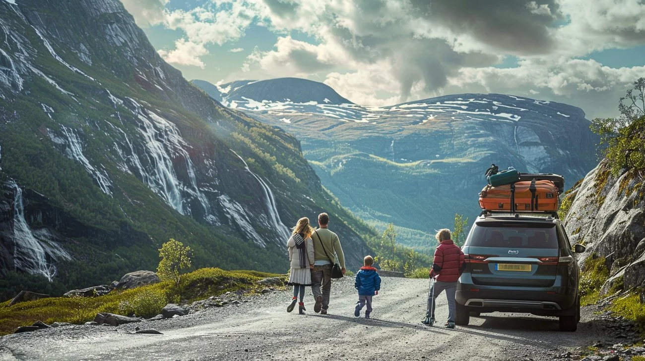 Family hiking near scenic mountain landscape with car loaded with luggage.