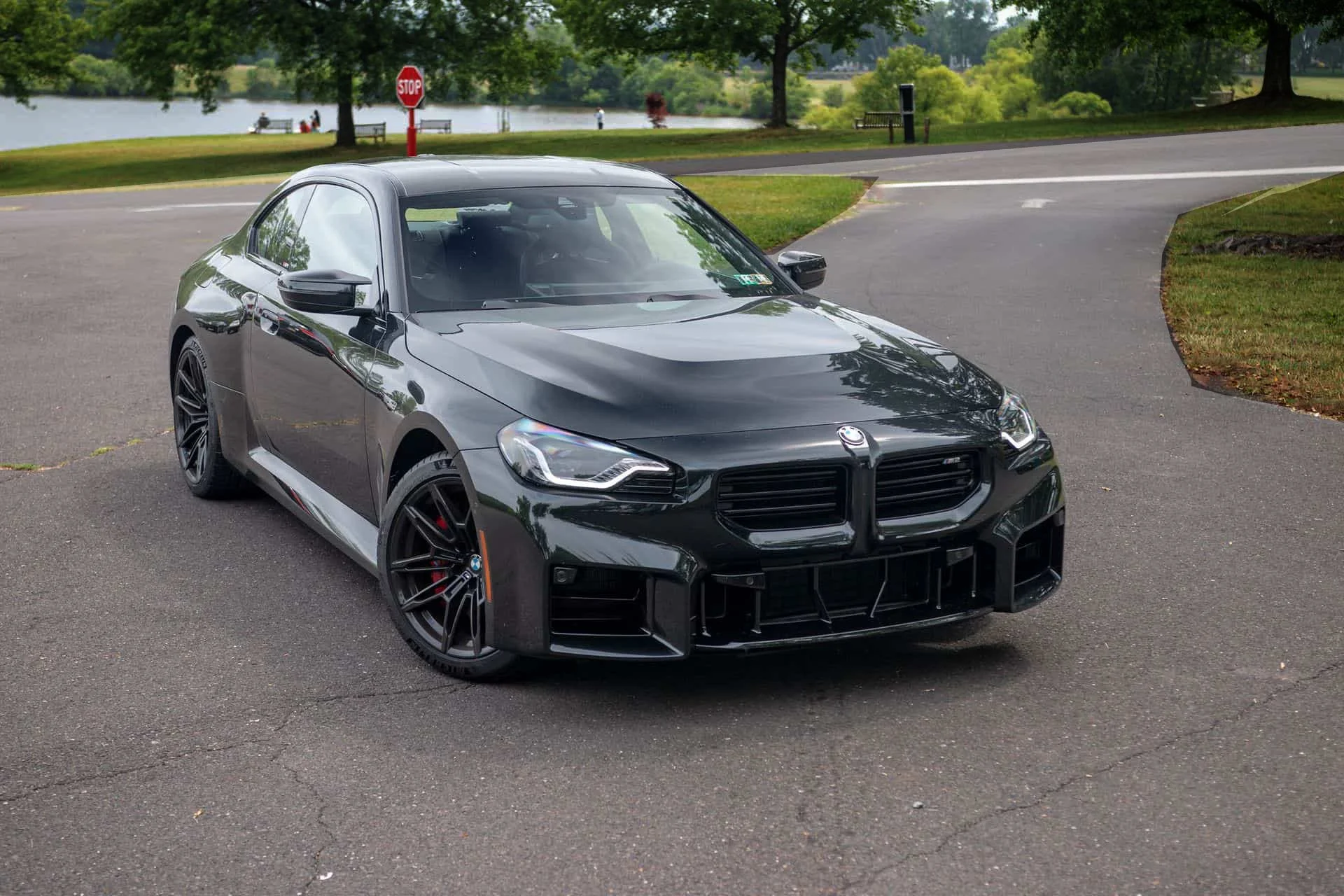 Black BMW parked on a paved road near a lake, with trees and green grass in the background.