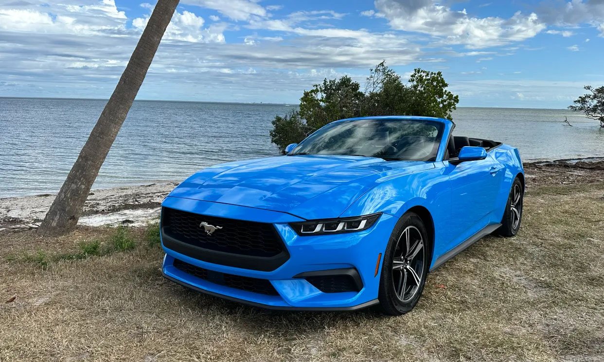 Blue convertible sports car parked near a beach with ocean and palm tree in the background.