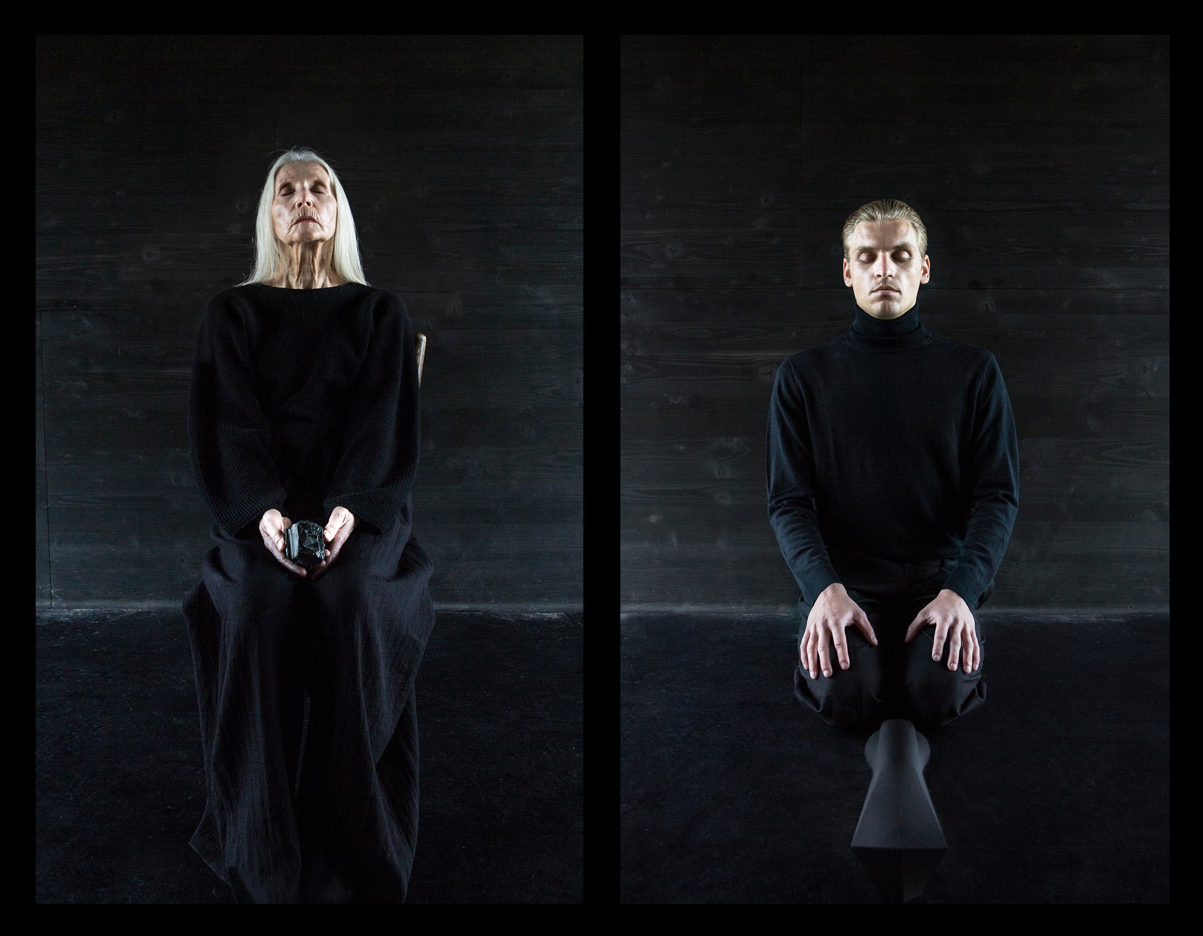A split image showing an elderly woman with white hair and a man with slicked-back blonde hair, both dressed in black, sitting against a dark wooden wall with their eyes closed.