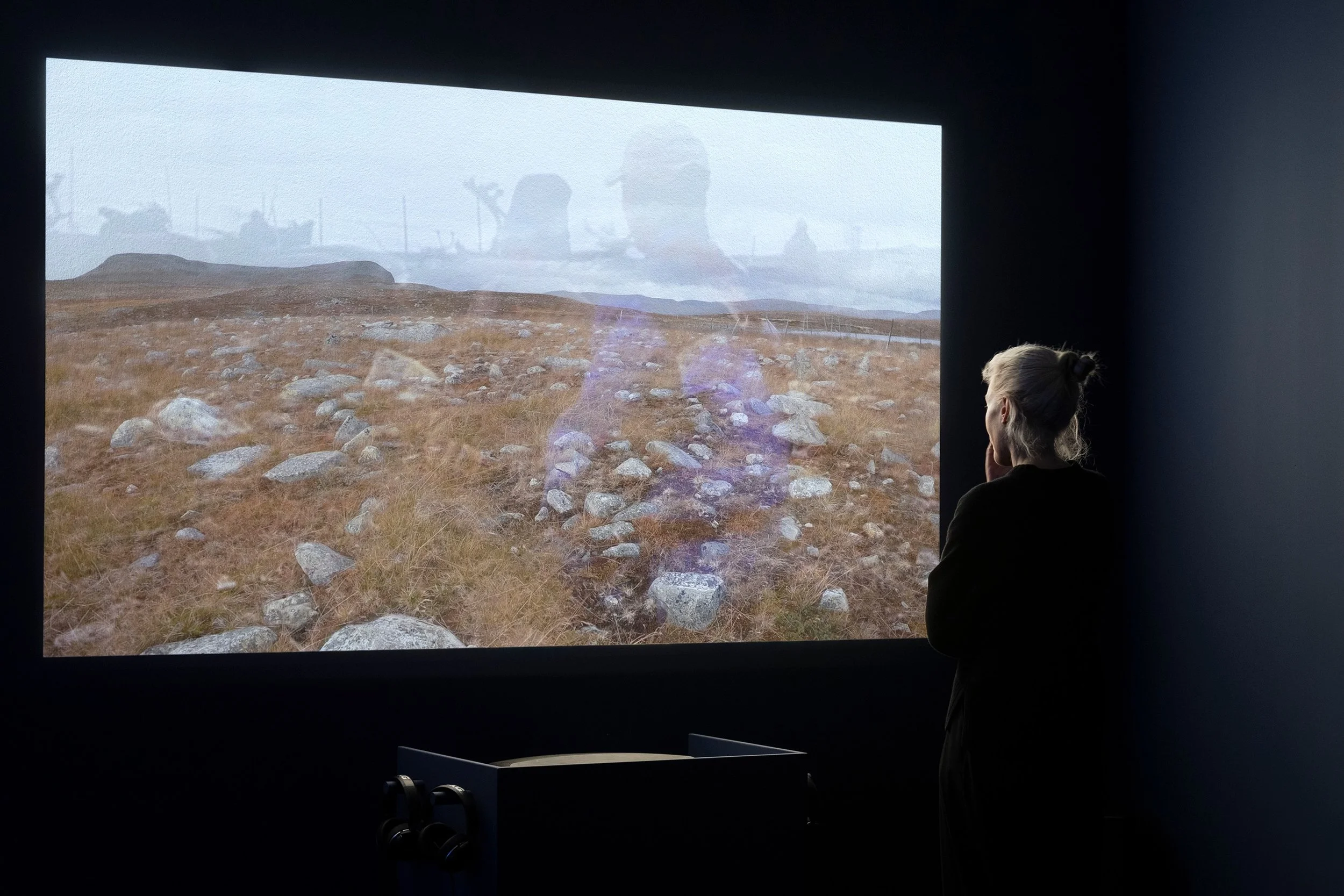A person with blonde hair tied in a bun stands inside a dark room, looking at a large exhibit screen showing a landscape with rocky terrain, grass, and overcast sky. The screen displays a transparent silhouette of a prehistoric animal, possibly a whale or marine mammal, in the background.