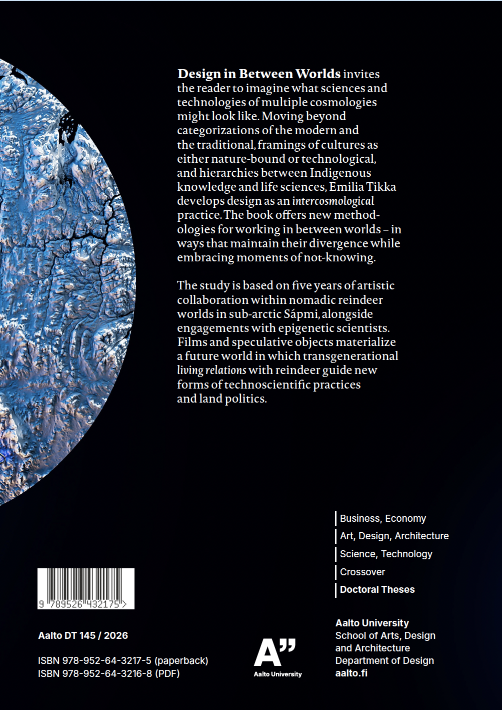 Back cover of a book featuring a split image of a snow-covered landscape and a dark background with white text. The text discusses design, reindeer worlds, and Indigenous knowledge. It includes publication details, ISBNs, and the publisher's information.