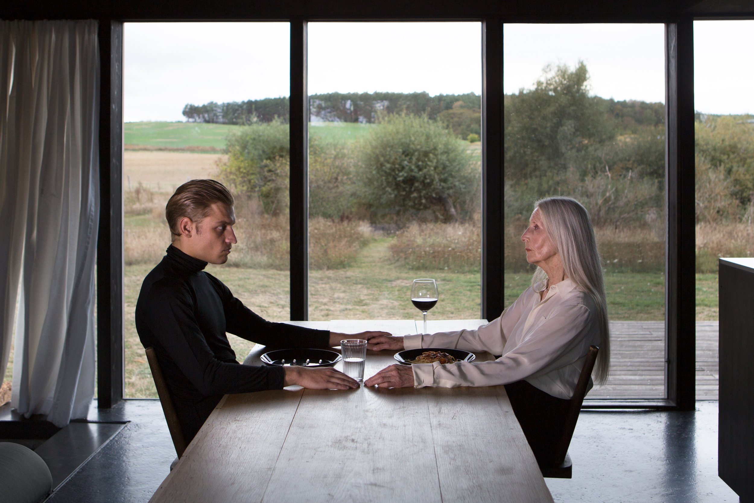 A young man and an elderly woman sit across from each other at a dining table, holding hands. They are indoors near a large window with a view of green fields and trees outside. There is a glass of red wine and a plate of food on the table.