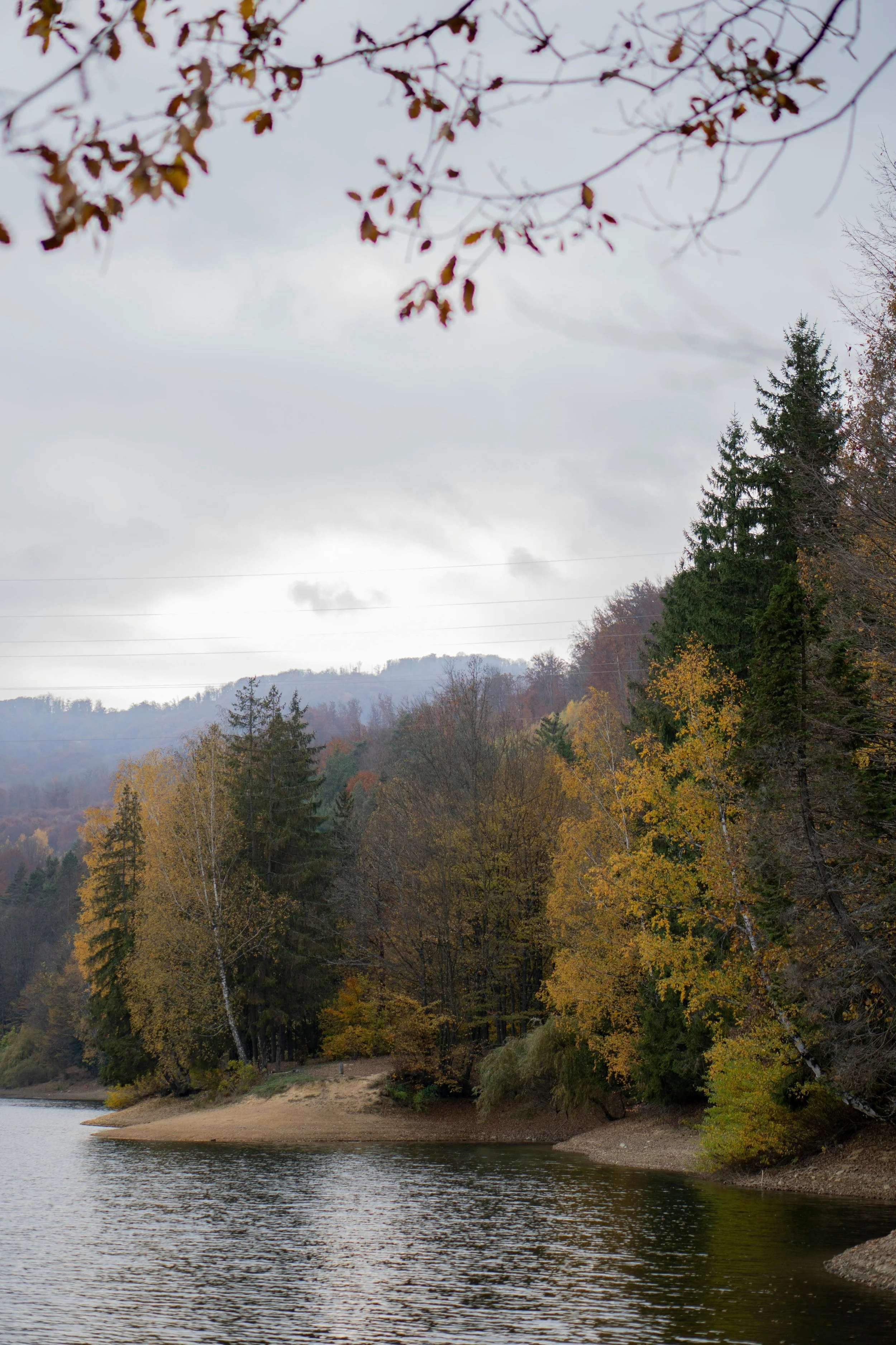 A peaceful lake scene with a shoreline surrounded by colorful autumn trees and hills in the background under a cloudy sky.
