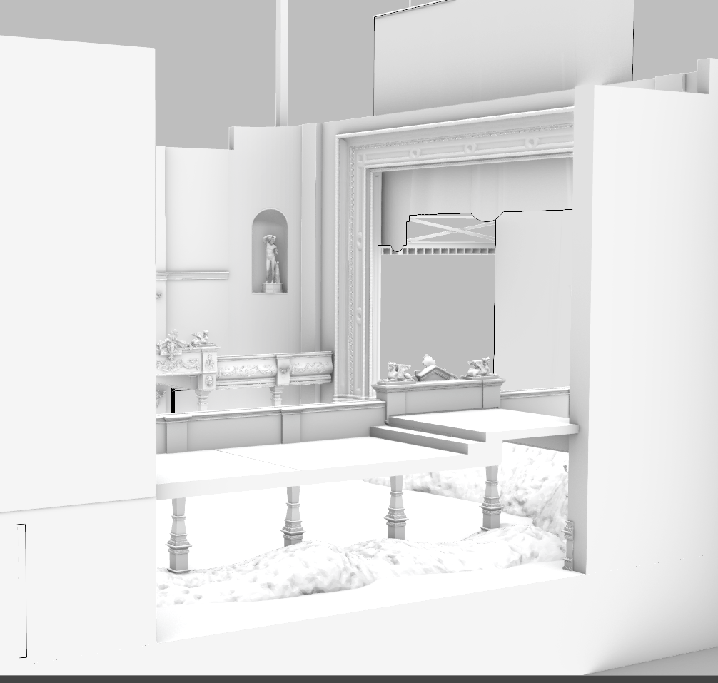 A detailed 3D model of an ornate indoor scene with decorative architecture, a fireplace, a mirror, and a small statue in a niche, all rendered in white.