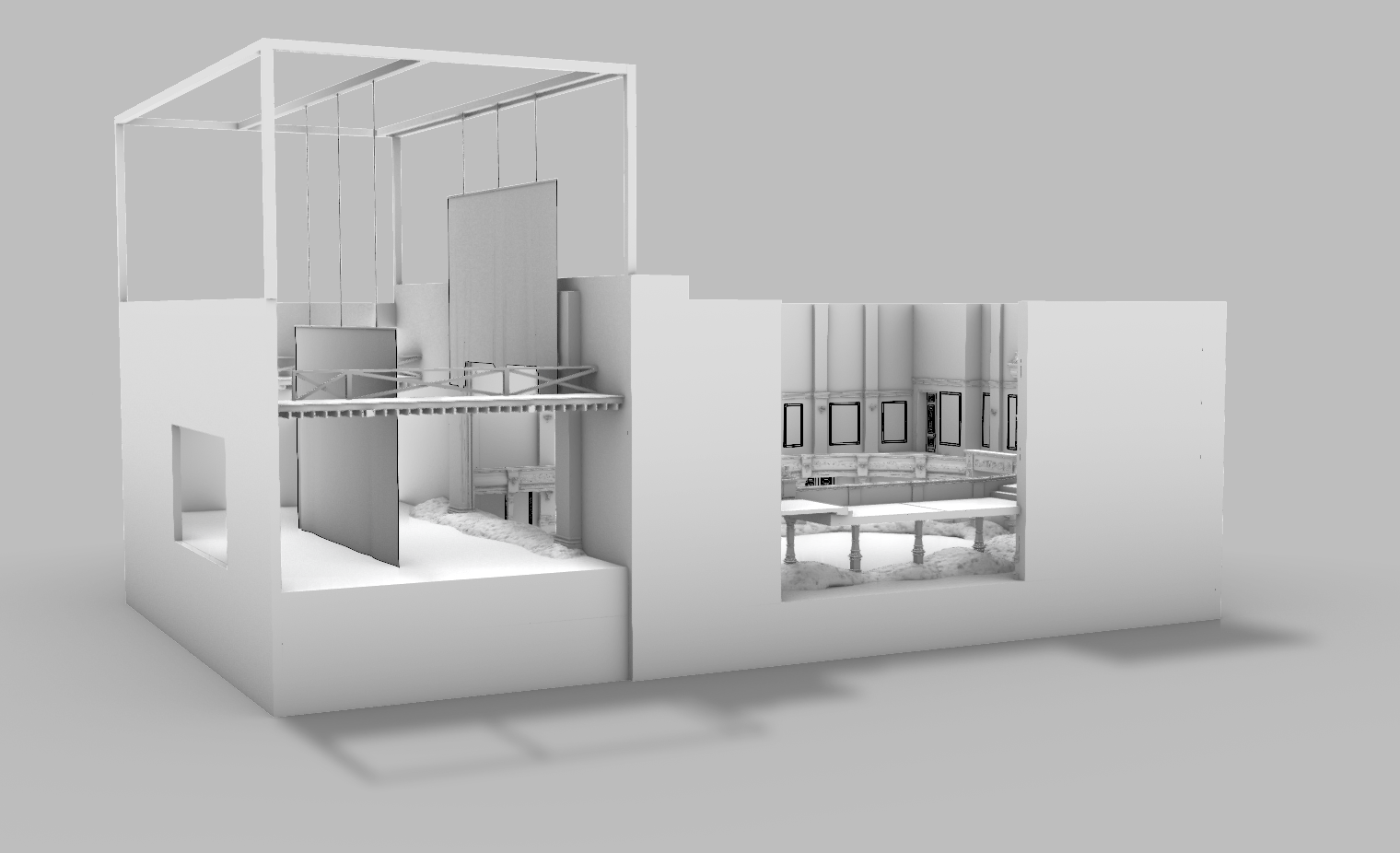 A 3D architectural model of a building interior with multiple levels, walls with windows, and structural elements made of white material.