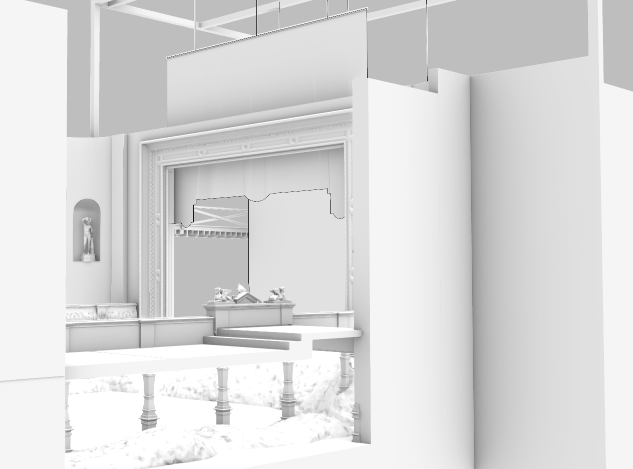 White stage setup with decorative molding, sculptures, and a mirror reflecting part of the stage.