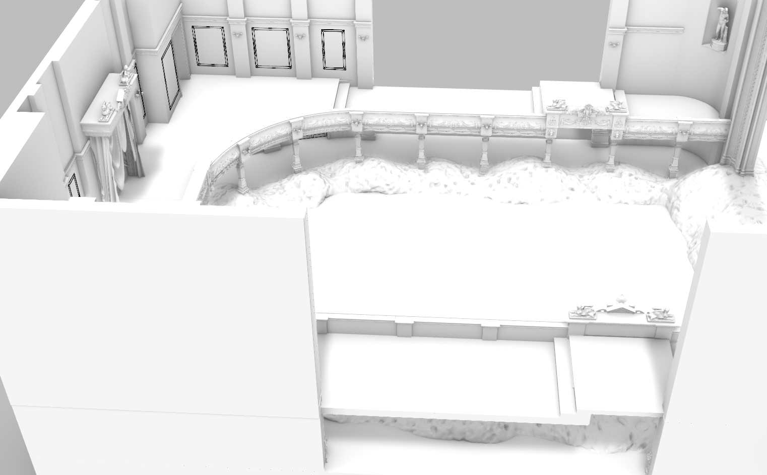 A 3D model of a room with ornate decor, including a curved balcony with detailed railings, a fireplace, and sculptures on the walls.