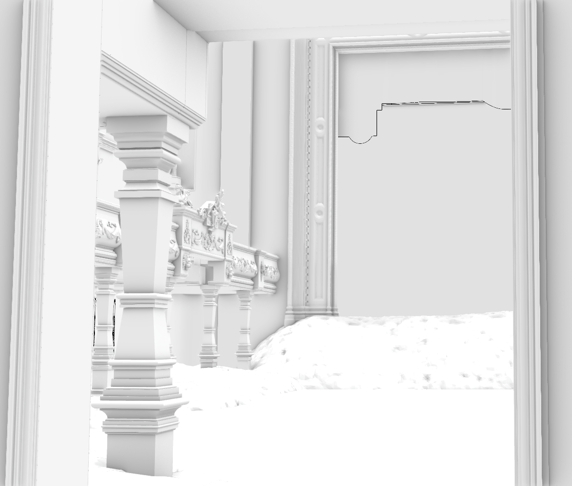 A white, ornate bedroom with detailed molding and bed. The bed frame has decorative carvings, and the room has an elaborate door or window frame.