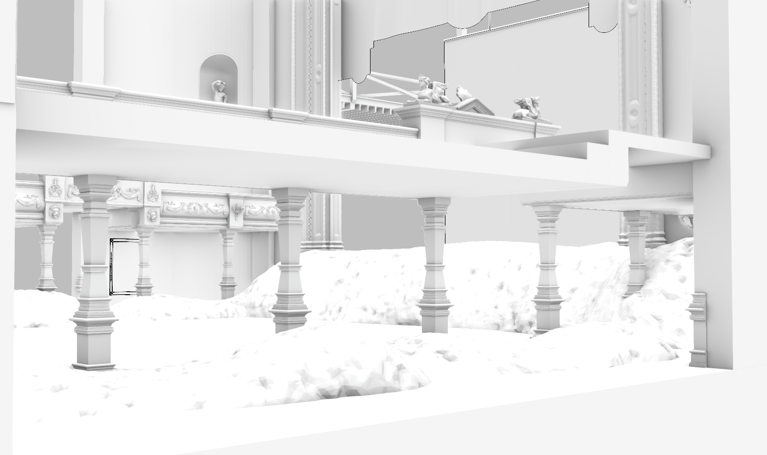 A white architectural model of a building with ornate columns, a balcony, and decorative sculptures on top. The building appears to be elevated with a snow-covered base beneath it.