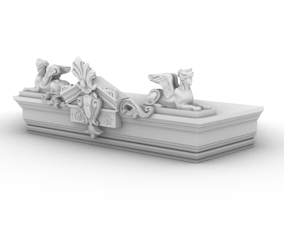 White ornamental sculpture with griffins and mythological creatures on a rectangular base.