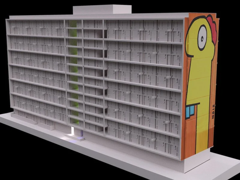 A large model or display of a multistory building with numerous empty balconies or windows, featuring a colorful cartoon character on the right side.