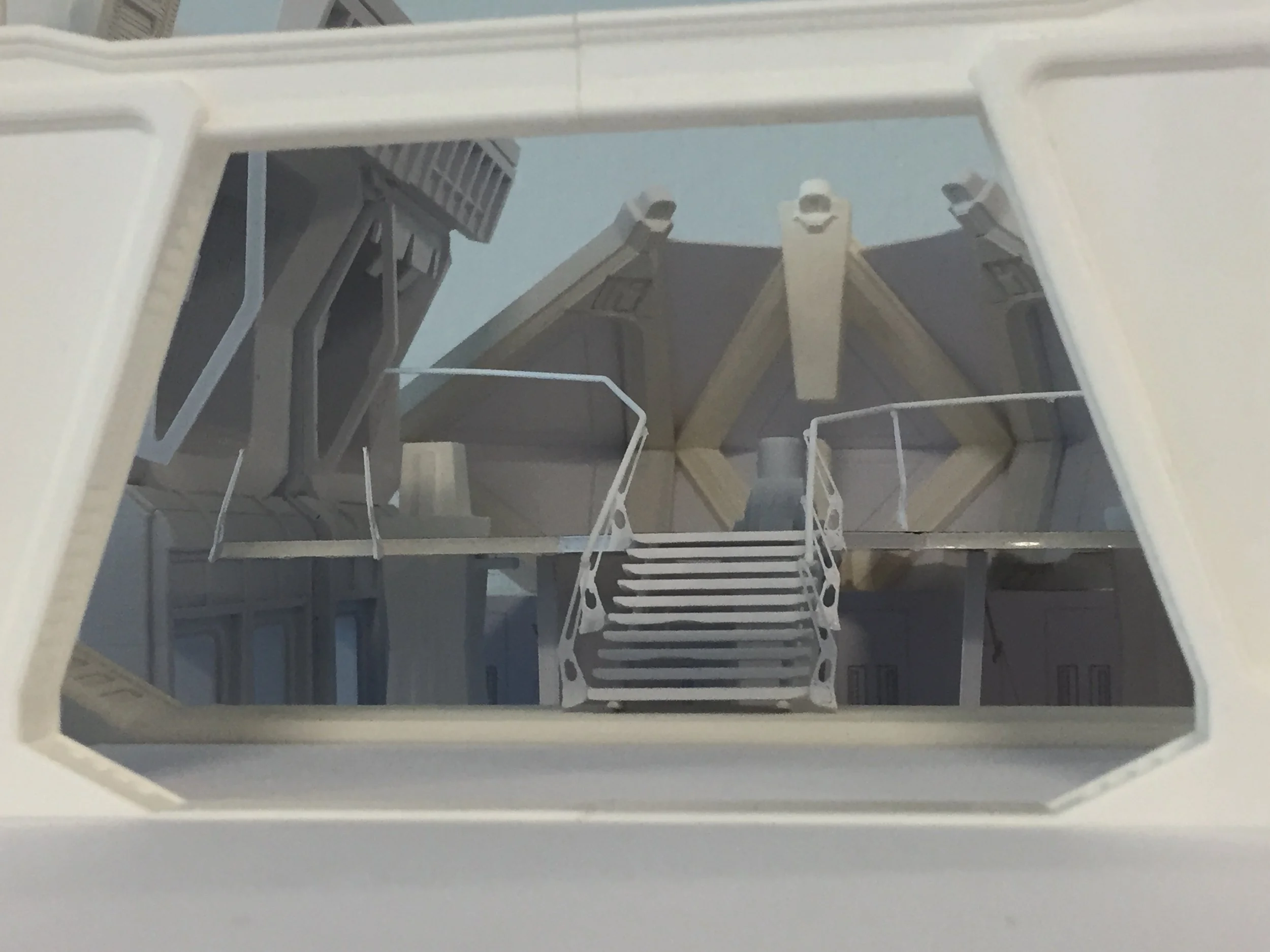 View through a spaceship window showing a detailed interior with stairs, railings, and technological structures.
