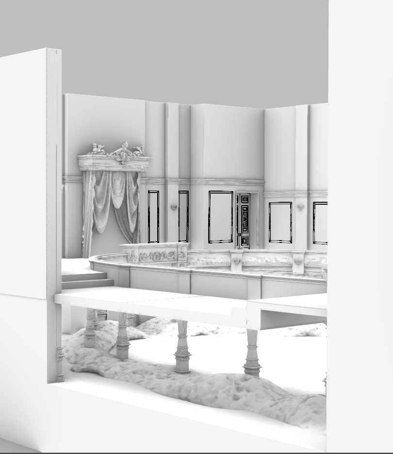 A room with classical architecture features, including ornate columns, molding, and decorative elements. The room appears to be in a state of restoration or unfinished interior with missing furnishings, showing a staircase, a draped curtain, and deta