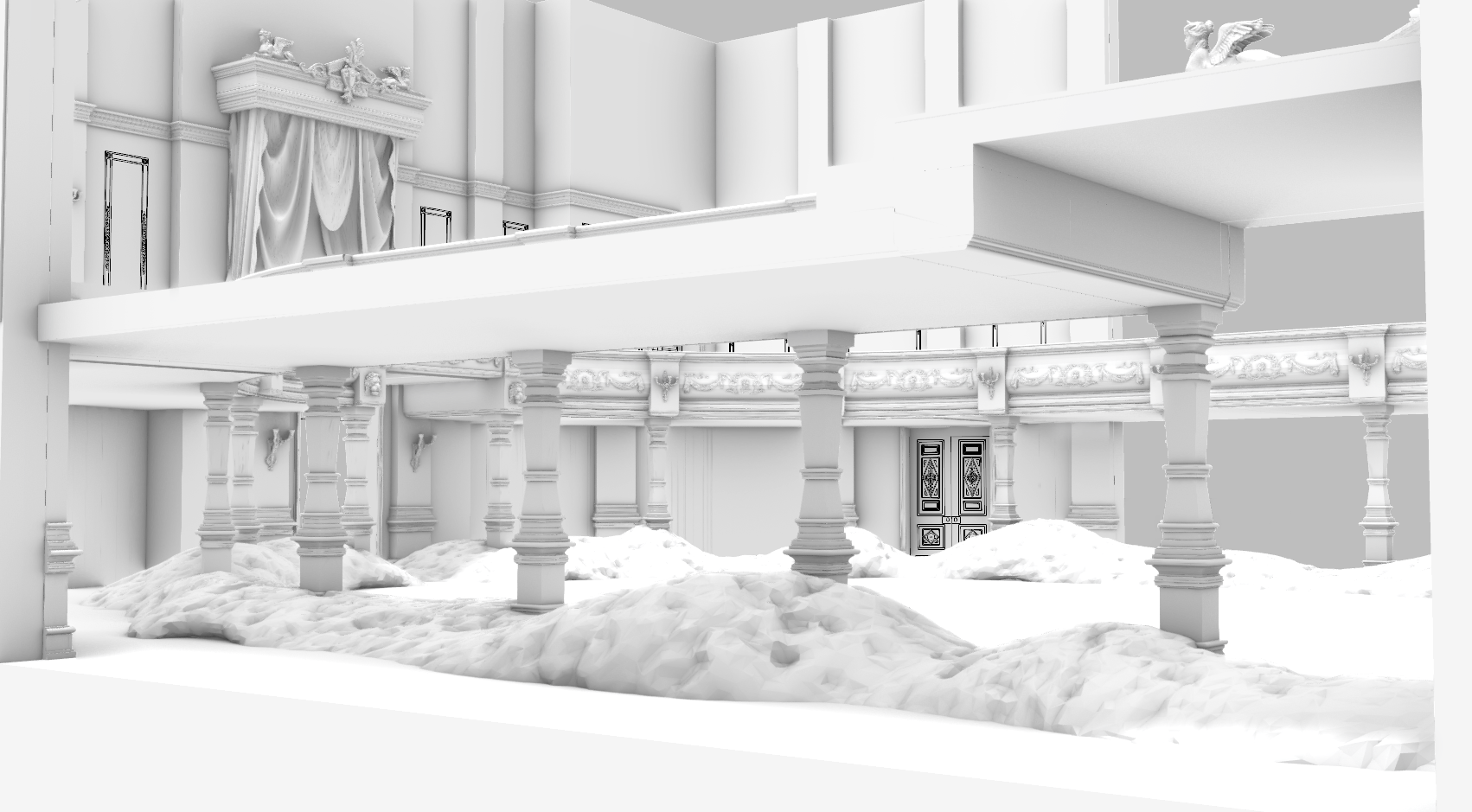 A grand interior with ornate architectural details, decorative columns, a high ceiling with embellishments, and snow on the floor.