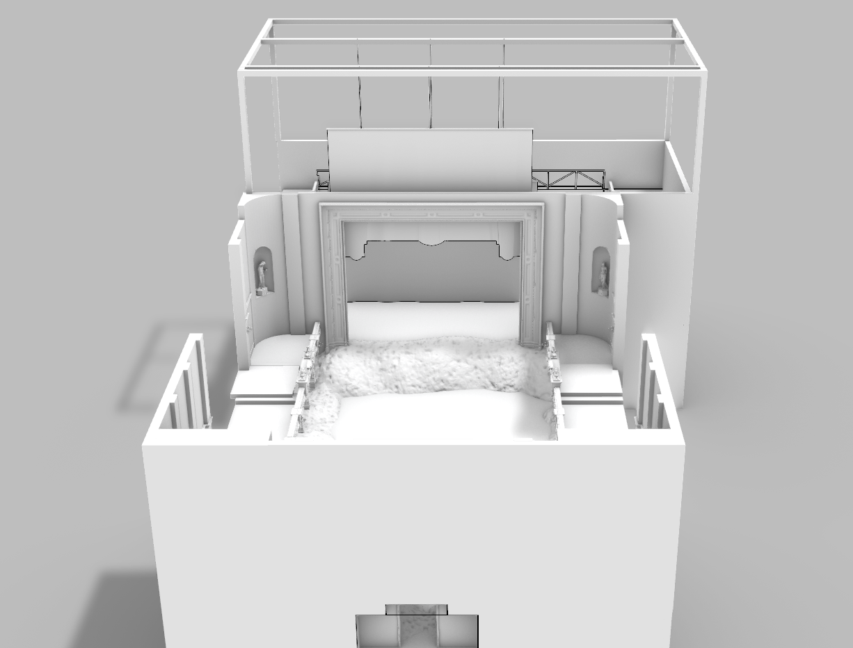 3D model of a building interior with a stage and balconies, decorated for a theatrical performance.