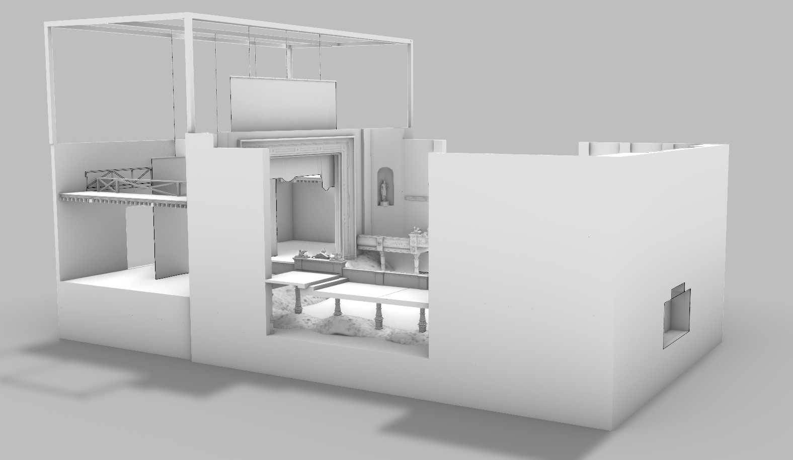 A white architectural model of a building with multiple floors, open walls, and detailed interior features, including a stage area with columns and decorative elements.