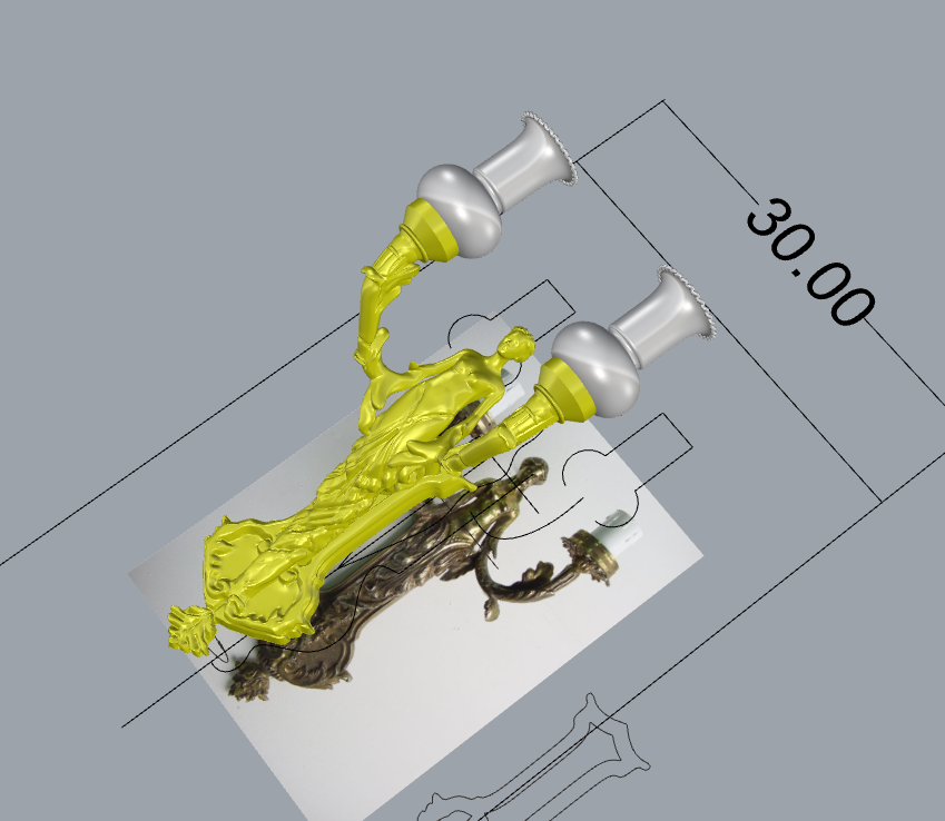 A 3D model of a decorative object with two silver cups connected by yellow liquid, placed on top of a reflective surface with a measuring dimension of 30.00 units.