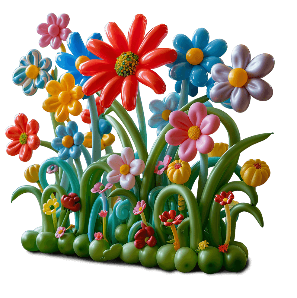 Bunte, ballonartige Blumen aus Plastik in verschiedenen Farben und Größen, auf einer schwarzen Oberfläche.