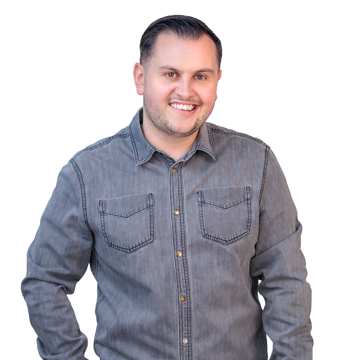 Smiling man in a gray denim shirt