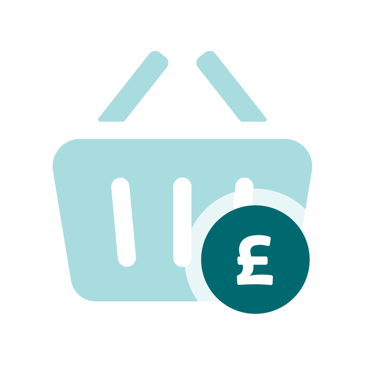 Shopping basket icon with a British pound symbol indicating cost or price.