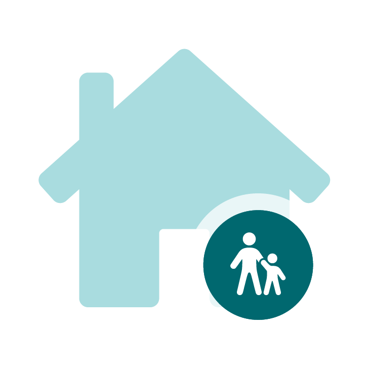 A light blue house icon with a dark teal circle featuring a parent and child holding hands, indicating family or child safety in a home setting.