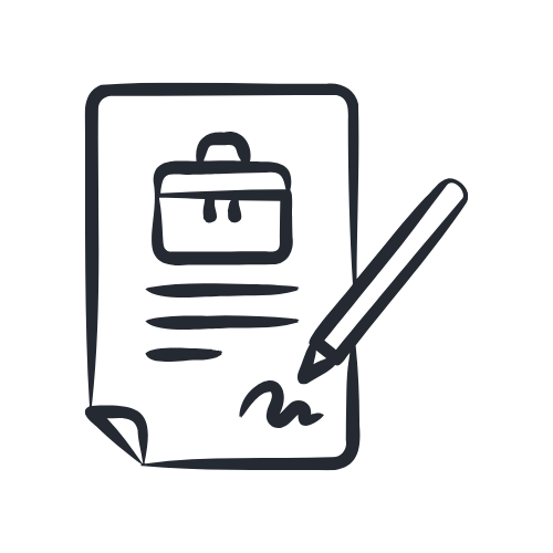 Line drawing of a clipboard with a briefcase icon, a signature, and a pen.
