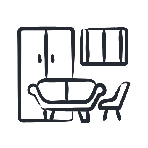 Line drawing of a room interior with a sofa, a chair, a door, and a window.