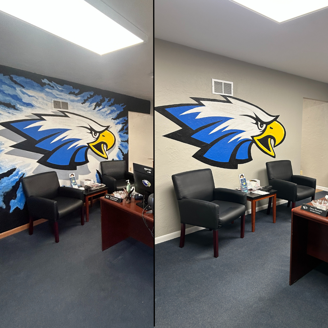 Before and after photo of a room with a large eagle logo on the wall; before shows an artistic, colorful background, after shows a plain wall with only the logo.