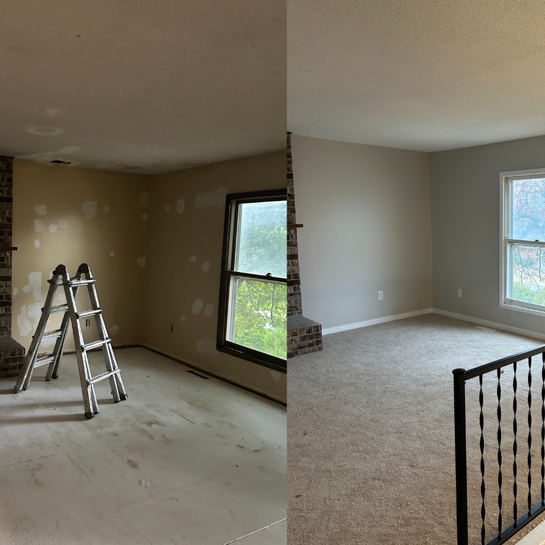 Side-by-side comparison of a room before and after renovation. The left shows an unfinished room with drywall patches, a stepladder, and a window, while the right shows a finished room with painted walls, carpeted floor, and natural light through windows.