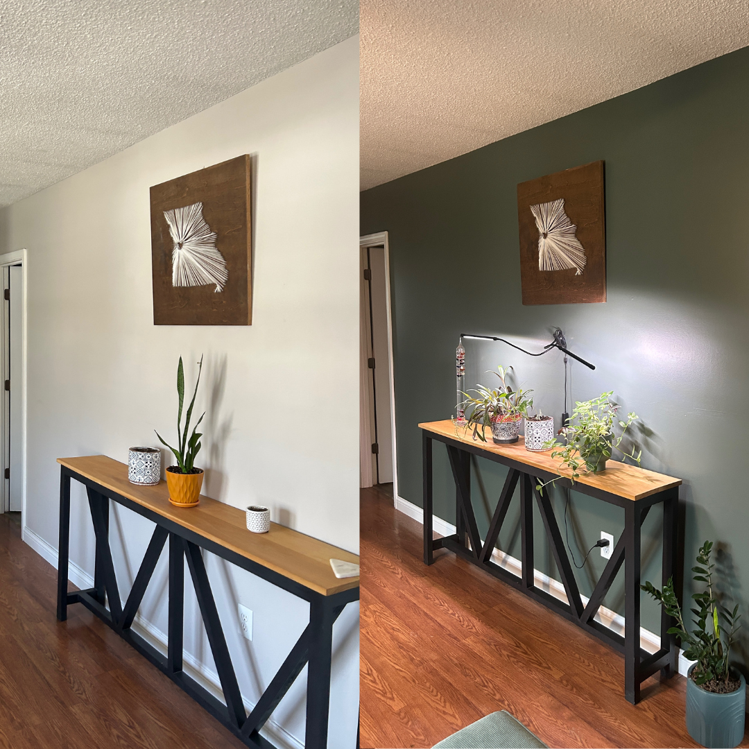 Interior before and after of a wall with a console table decorated with plants and a wall art piece.