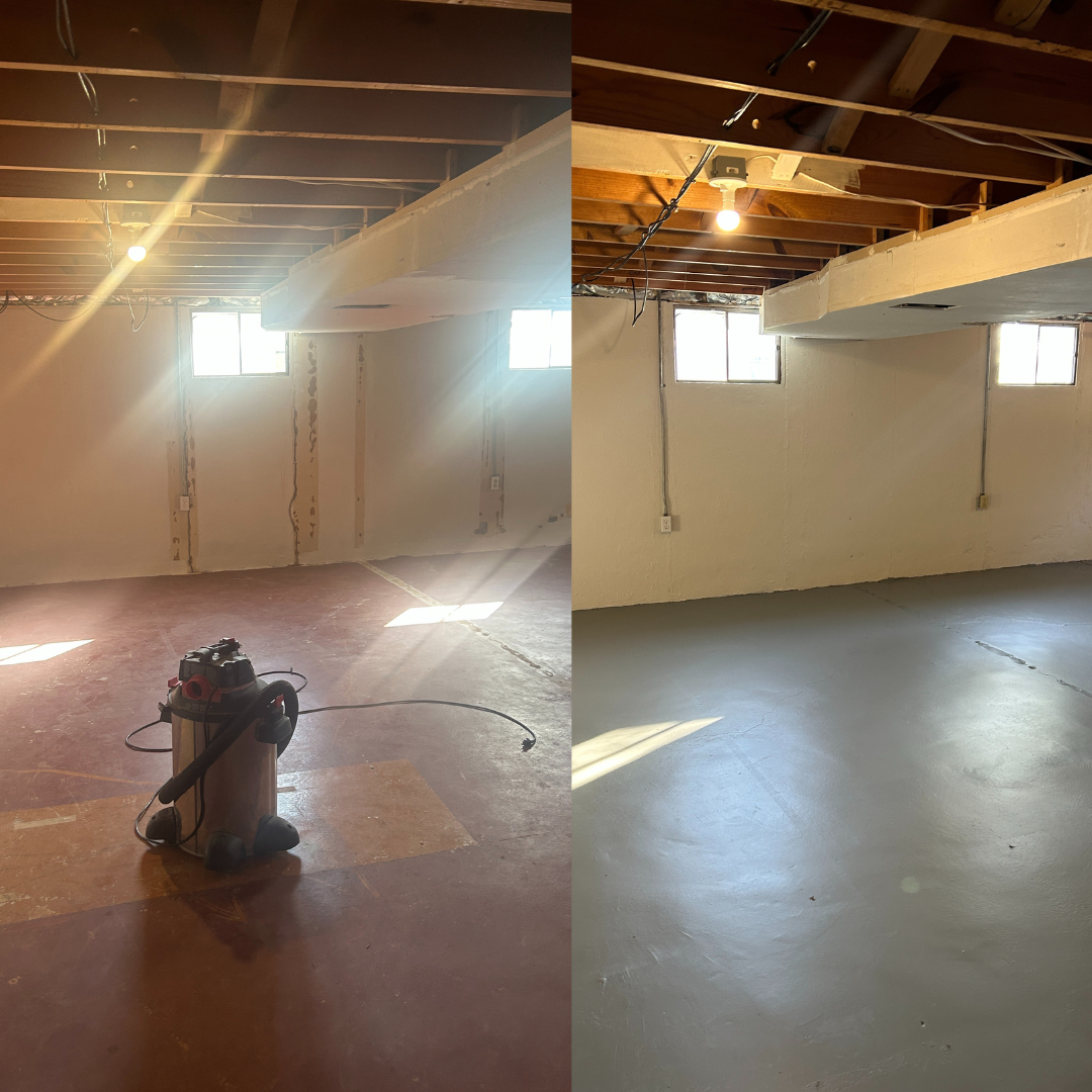Comparison of a basement room before and after renovation; left side shows an unfinished space with a vacuum cleaner and exposed ceiling beams, right side shows the same room with a finished white painted wall and a smooth floor.