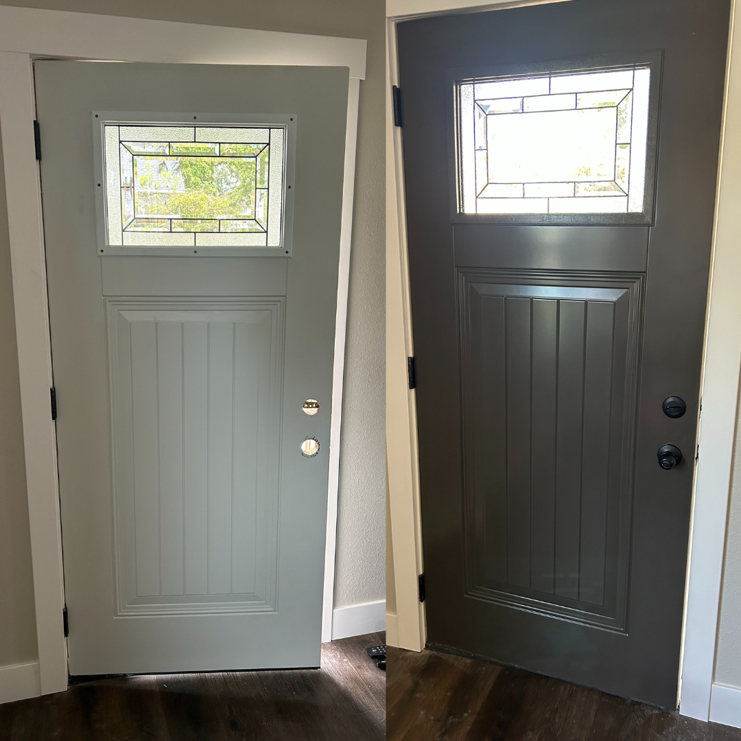 Comparison of two front doors side by side: the left door is white with a stained glass window at the top, and the right door is dark gray with a similar stained glass window.