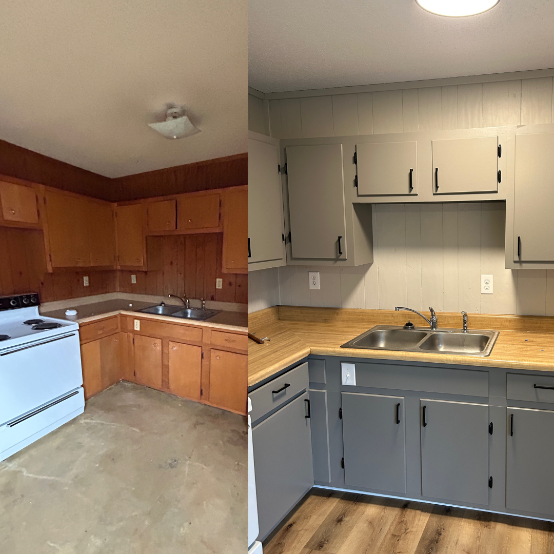 Comparison of old and renovated kitchen with new cabinets, countertops, and flooring.