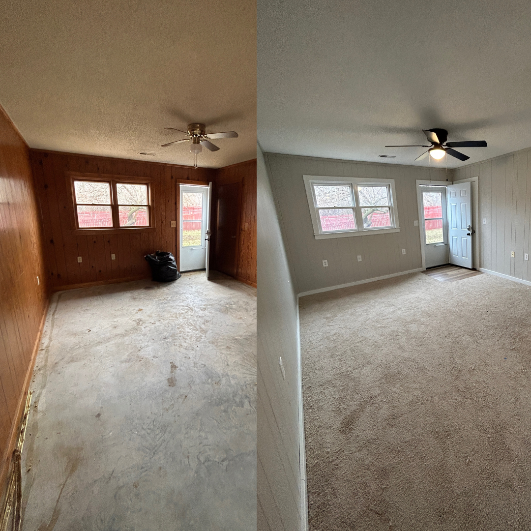 Comparison of a room before and after renovation; left side shows a room with wood-paneled walls and unfinished floor, right side shows the same room with painted walls and carpet.