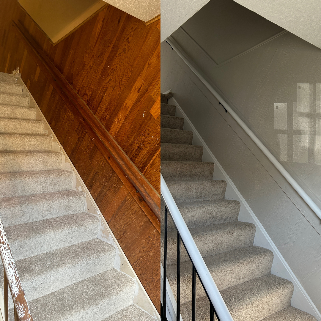 Side-by-side comparison of a staircase before and after renovation, with the left showing worn carpet and damaged wall, and the right showing new carpet and freshly painted wall.