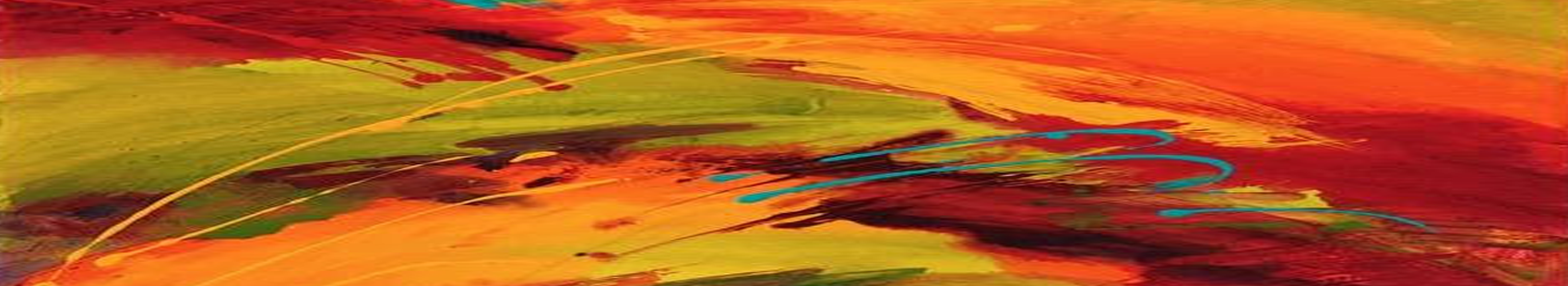 Abstract painting with vibrant streaks of orange, red, yellow, green, black, and blue in a dynamic composition.
