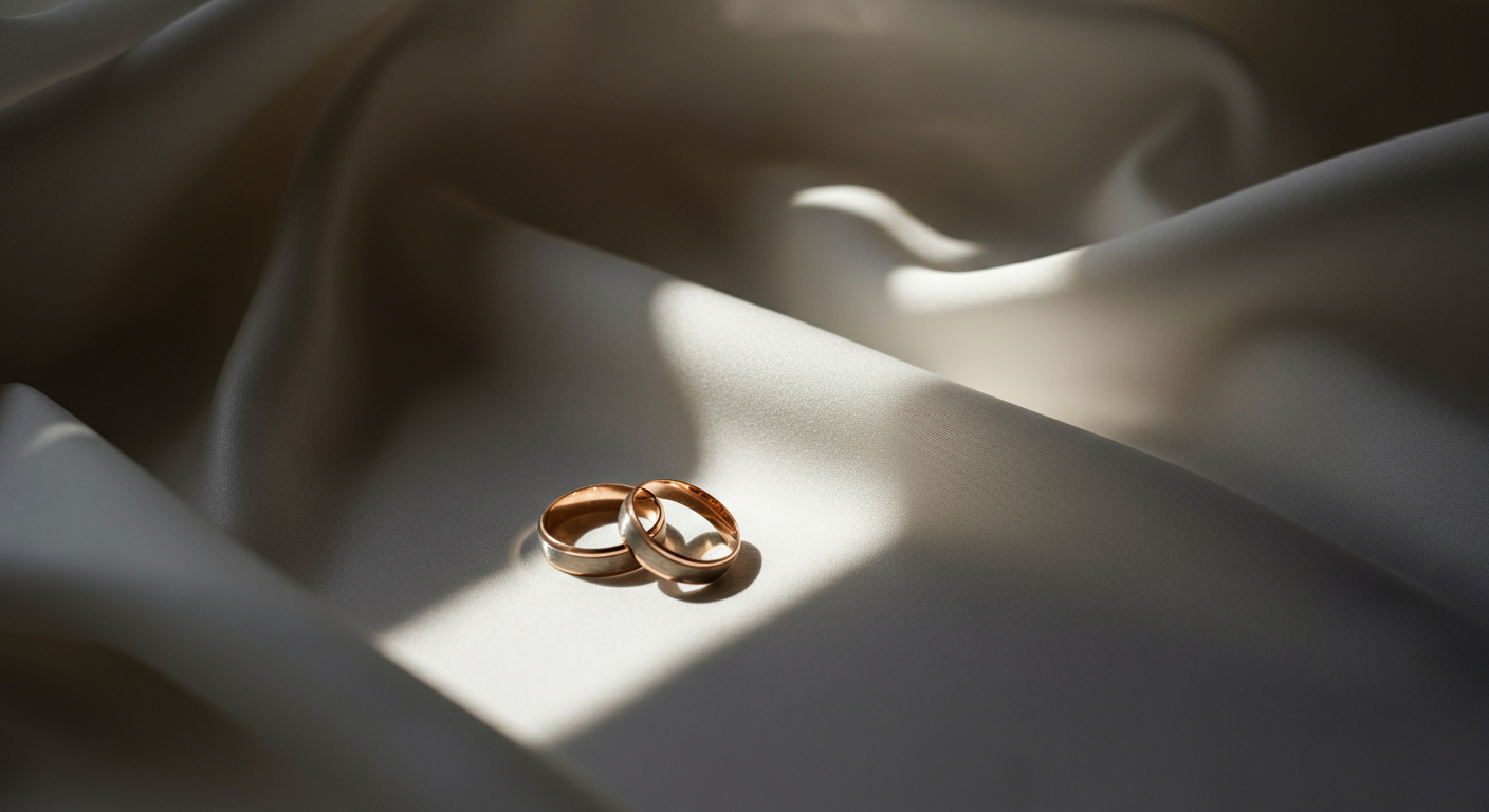 Zwei goldene Eheringe liegen auf einem weißen, seidigen Stoff. Licht fällt schräg darauf, erzeugt Schatten und hebt die Ringe hervor.