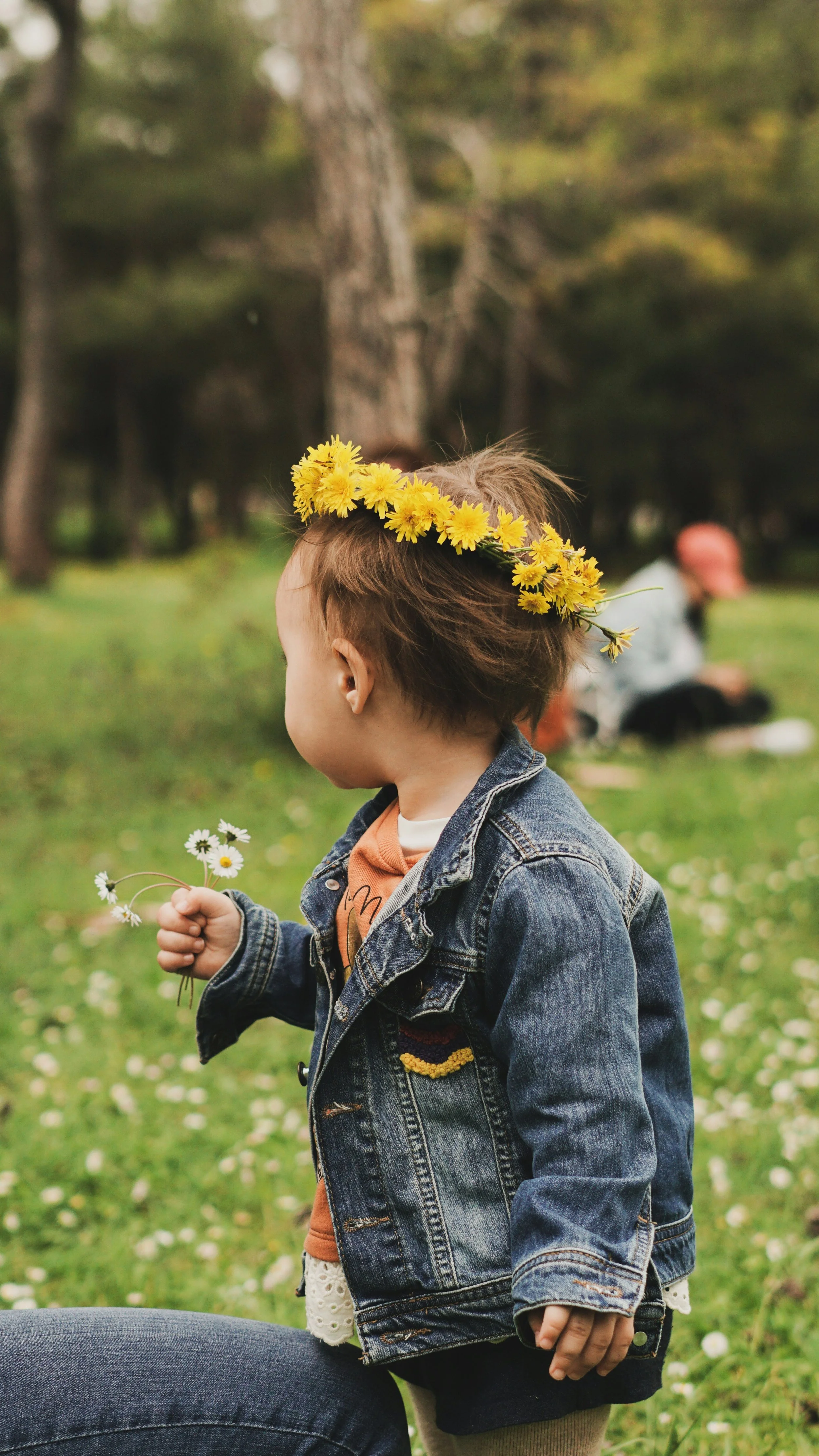 Ein kleiner Junge mit einem Blumenkranz auf dem Kopf und einer Hand voller Gänseblümchen im Park.
