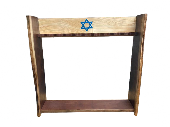 Walnut and locust gun rack with blue epoxy star of david and water buffalo leather at the bottom for guns to sit on