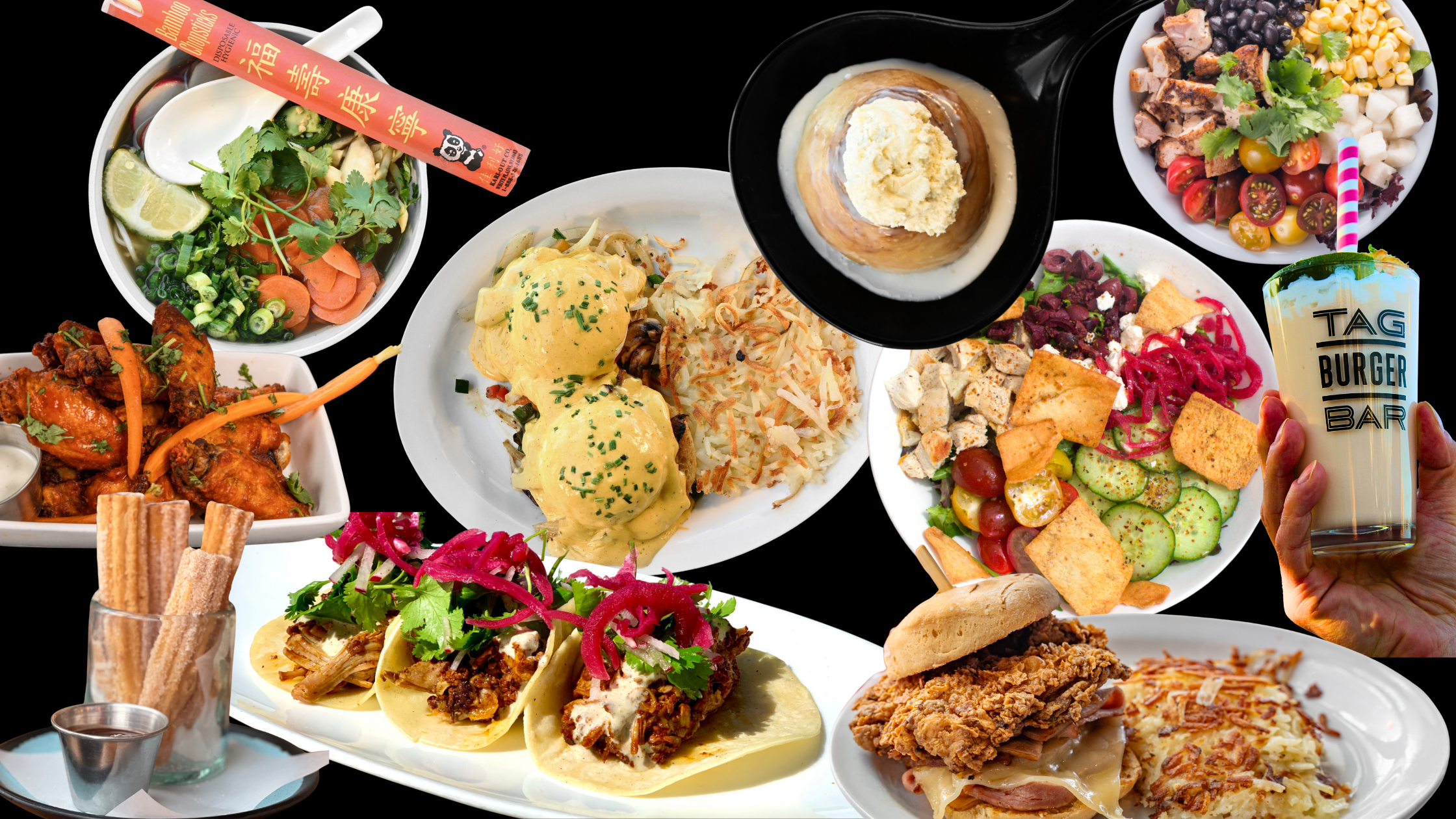 A variety of dishes including salads, tacos, fried chicken sandwich, and desserts, along with a hand holding a milkshake from TAG Burger Bar.