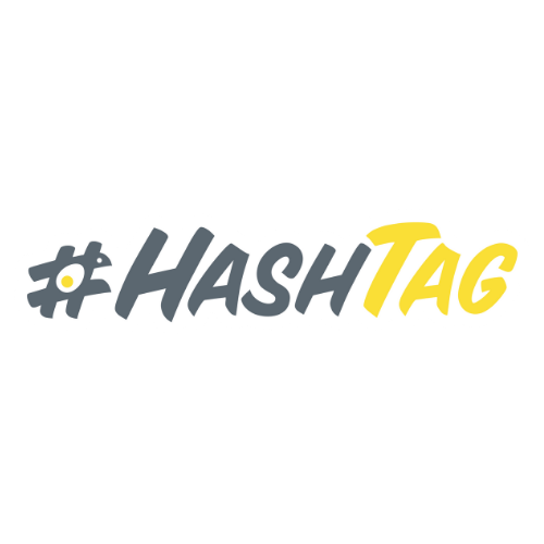 A graphic with the hashtag #HASHTAG in gray and yellow stylized text on a black background.