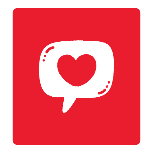 Red background with a white speech bubble and a heart inside it.