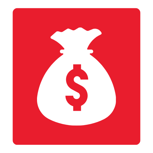 Icon of a white money bag with a dollar sign on it, on a red background.