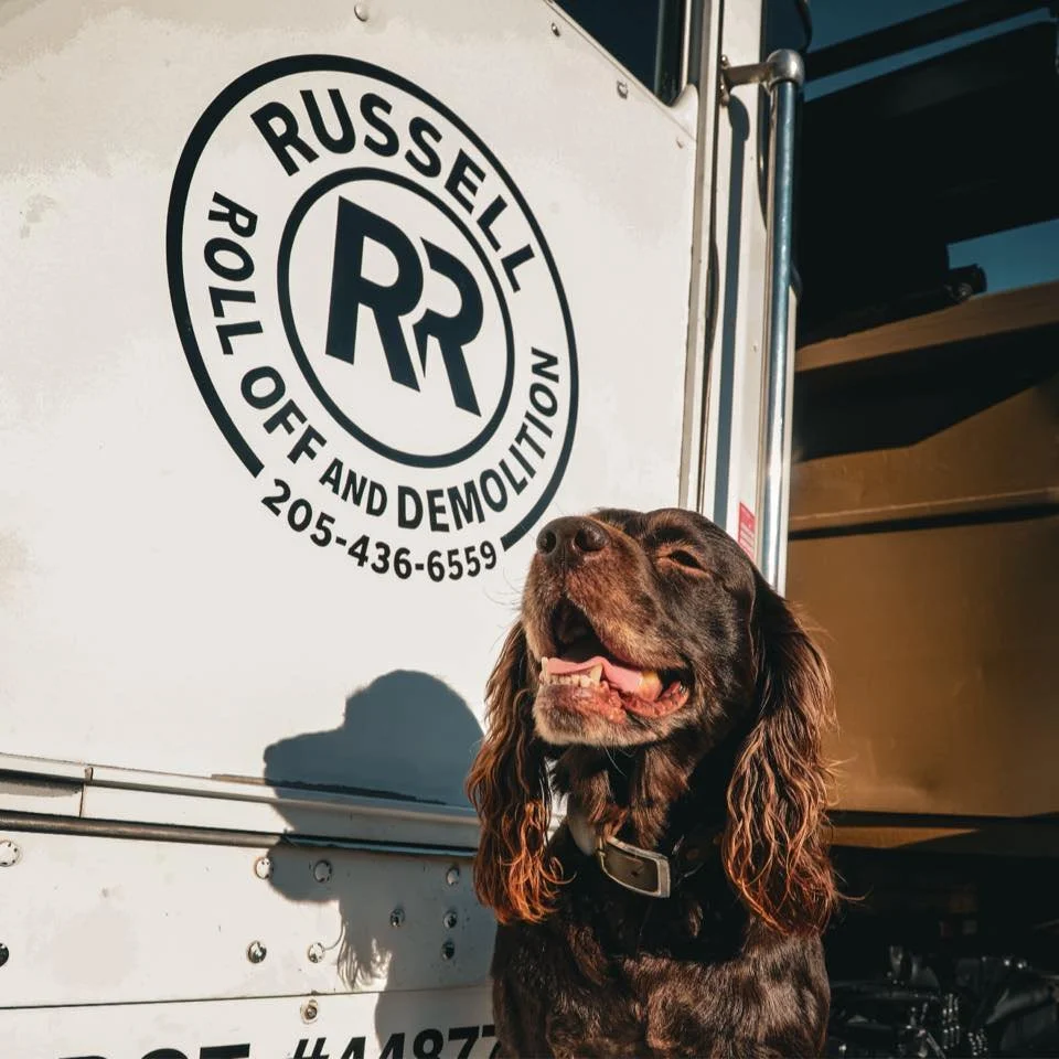 A brown dog with long ears and a happy expression sitting in front of a white truck with a logo that reads "Russell Roll Off and Demolition" and a phone number.