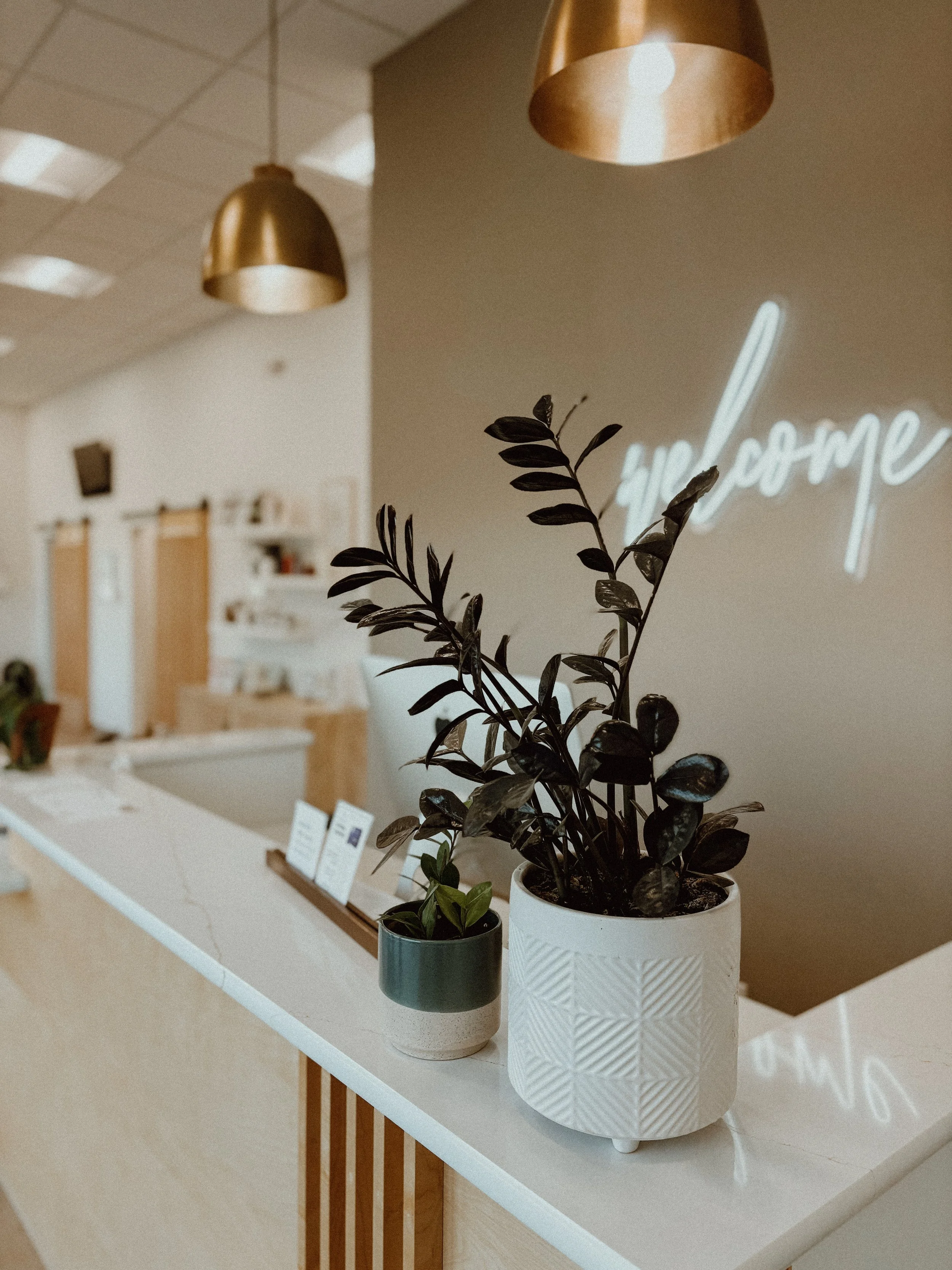 Indoor reception area with potted plants on a white counter, neon 'welcome' sign on the wall, and gold pendant lights.