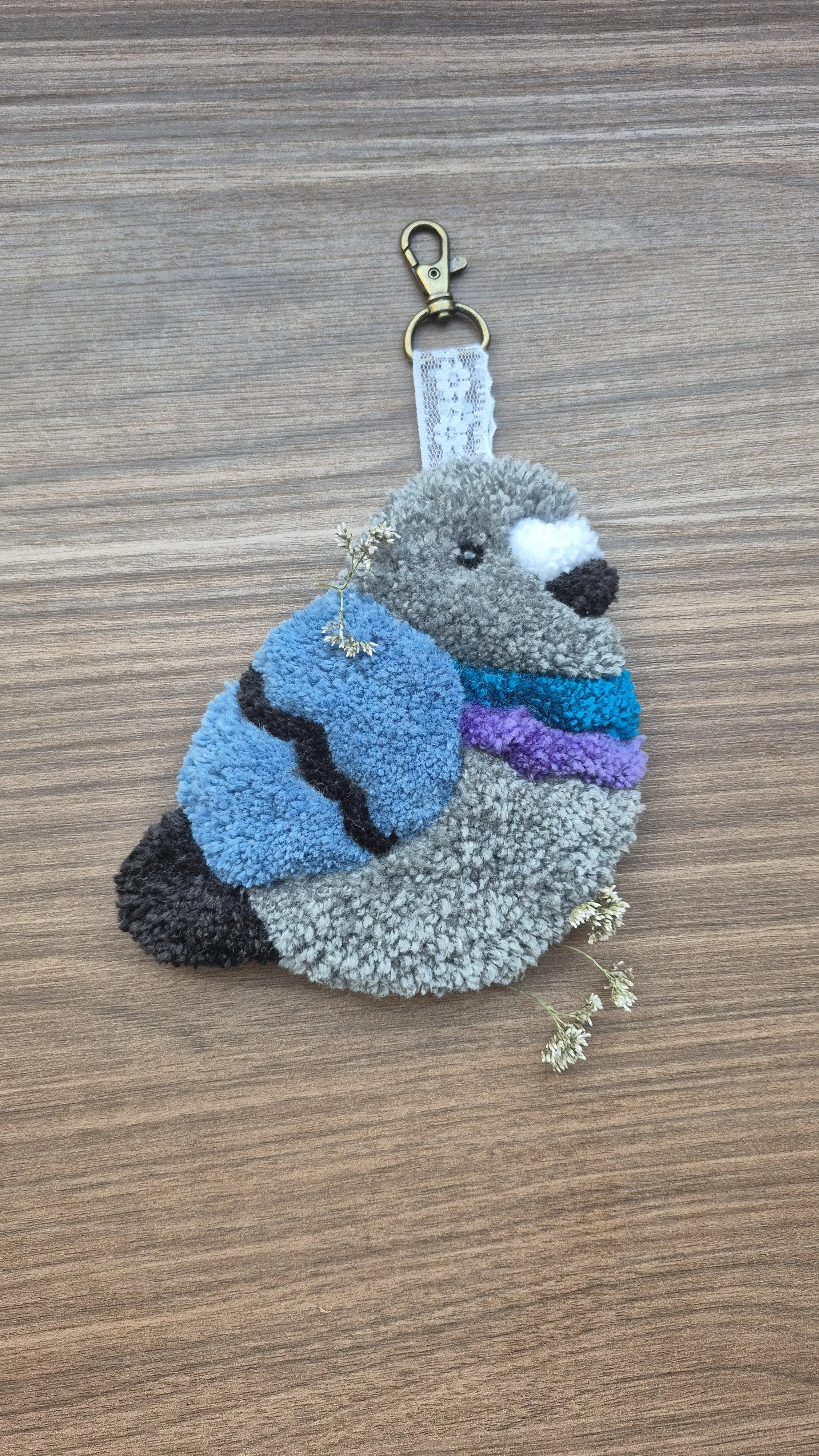 Pigeon with Beaded Eyes - Tufted Keychain