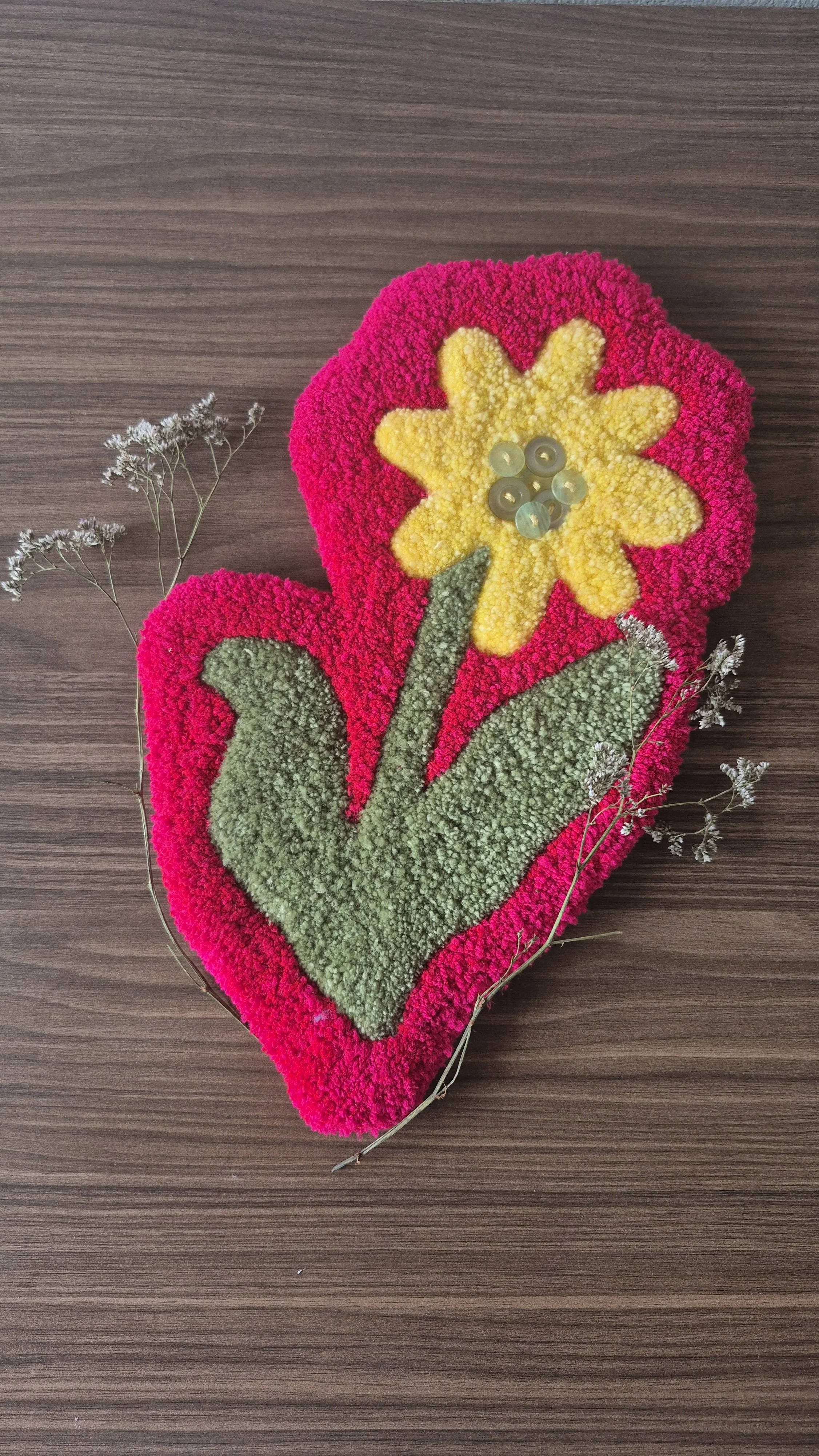Yellow and Pink Flower with Buttons - Tufted Wall Art